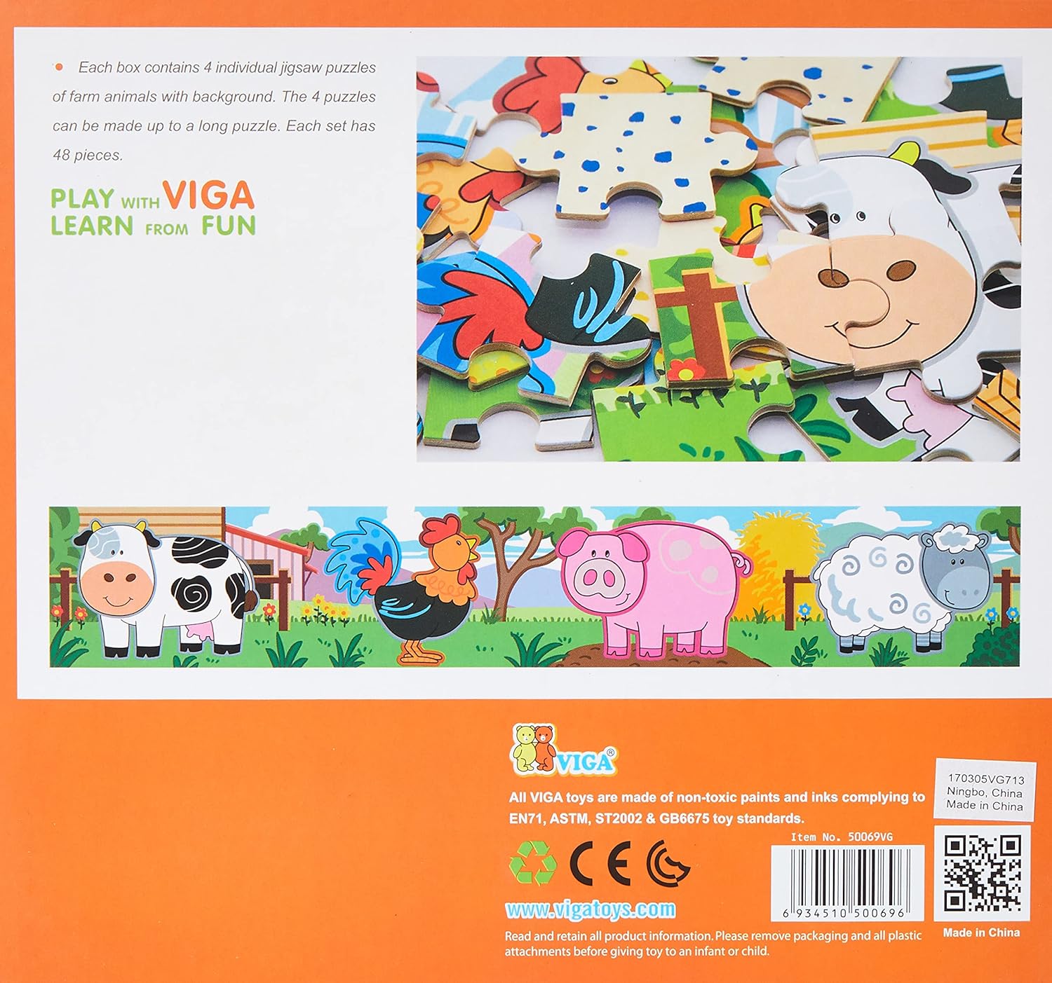 مجموعة فيجا فارم، أحجية الصور المقطوعة من 48 قطعة، لعبة مونتيسوري الخشبية، تنمي المهارات الحسية والإدراكية والحركية الدقيقة، لعبة تعليمية للأطفال غير سامة وصديقة للبيئة، مناسبة للأولاد والبنات من عمر سنتين فما فوق