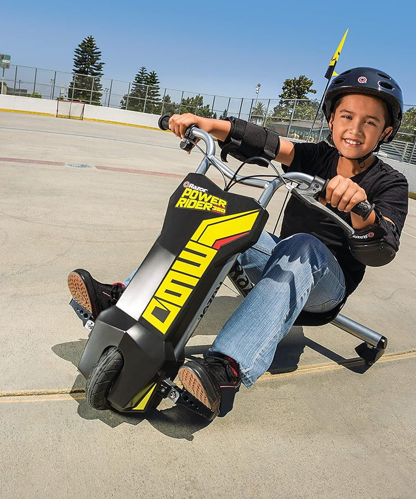 دراجة ثلاثية العجلات الكهربائية Razor PowerRider 360 للأطفال من سن 8 سنوات فما فوق، 12 فولت مع دواسة وقود بزر ضغط، سرعة تصل إلى 9 أميال في الساعة، مدة تشغيل 30 دقيقة، دوران 360 درجة وانزلاق، أقصى وزن للراكب 120 رطلاً