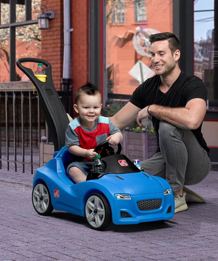 Step2 Whisper Ride Cruiser Kids Push Car with Parent Handle, Seat Belt, Horn & Storage Trunk, Single Seater Ride-On Toy for Boys and Girls, Gray, Pink & Blue, Ages 18 Months+