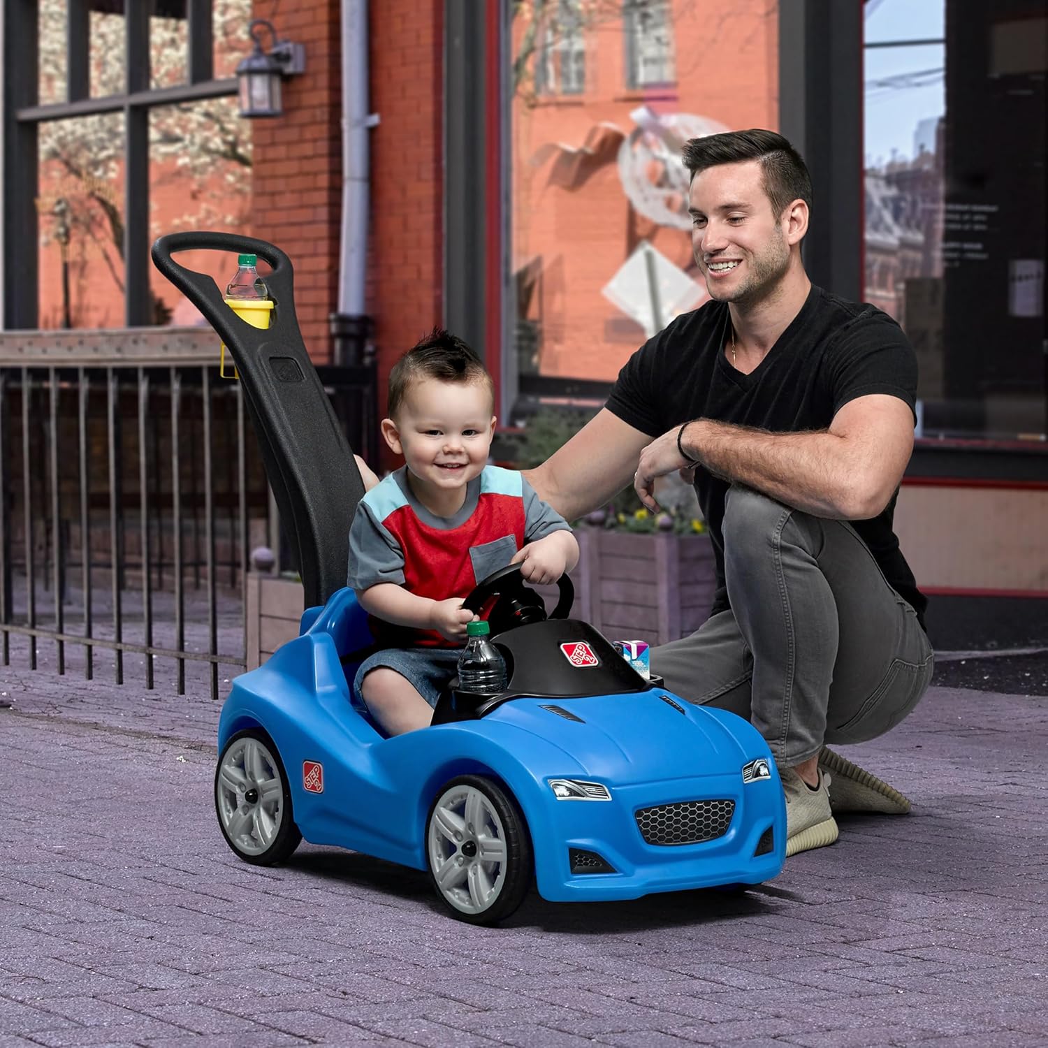 Step2 Whisper Ride Cruiser Kids Push Car with Parent Handle, Seat Belt, Horn & Storage Trunk, Single Seater Ride-On Toy for Boys and Girls, Gray, Pink & Blue, Ages 18 Months+