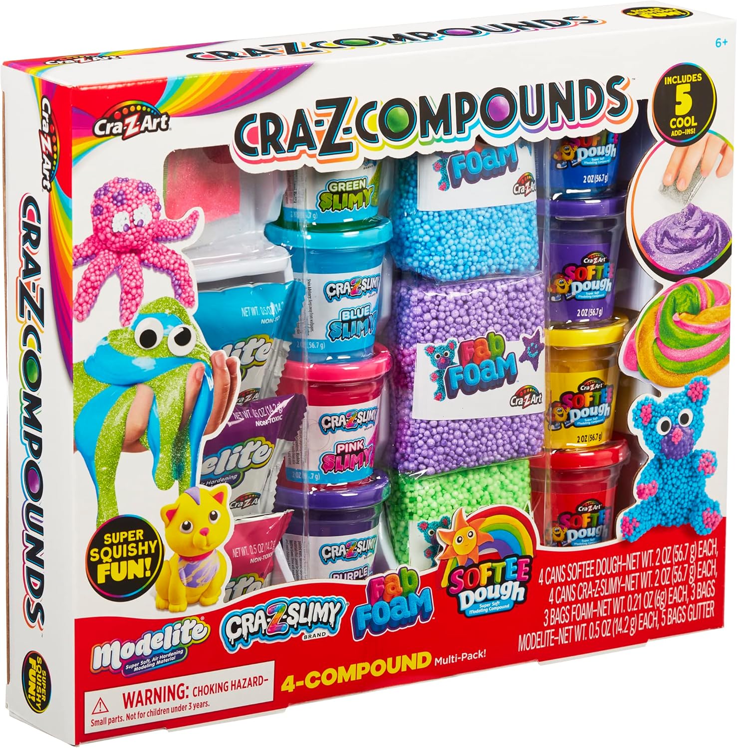 Cra-Z-Slimy 60066 Slime Compound 4-Pack Toy, Includes Softee Dough, Cra-Z Slimy, Fab Foam, Modelite, Glitter Add-Ins, Sensory Play Kit for Kids 6+