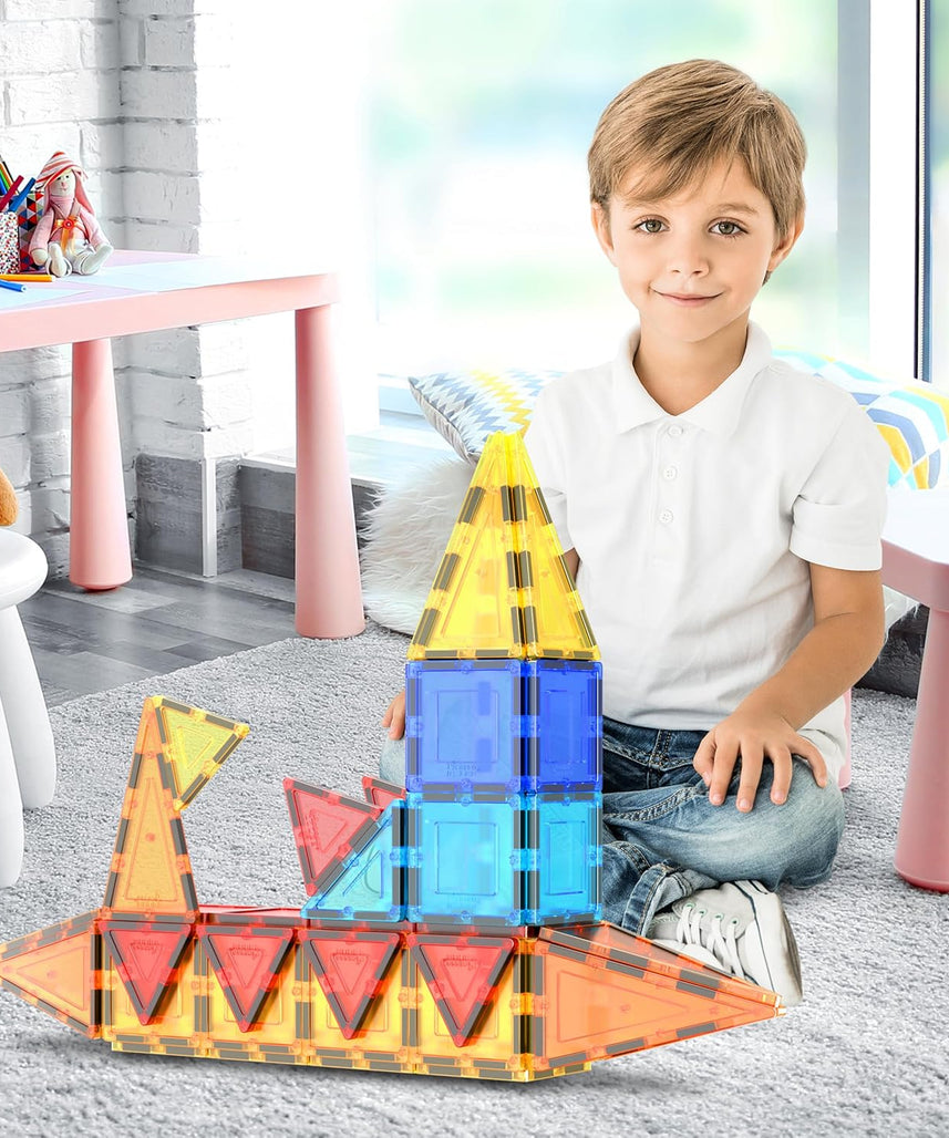 PicassoTiles Magnetic Tiles 60pcs Kids Toys Classroom Sensory Toy for Toddlers STEM Learning Building Blocks, Montessori Pretend Play Magnet Tile Construction Stacking Block Boys Girls Ages 3+ PT60