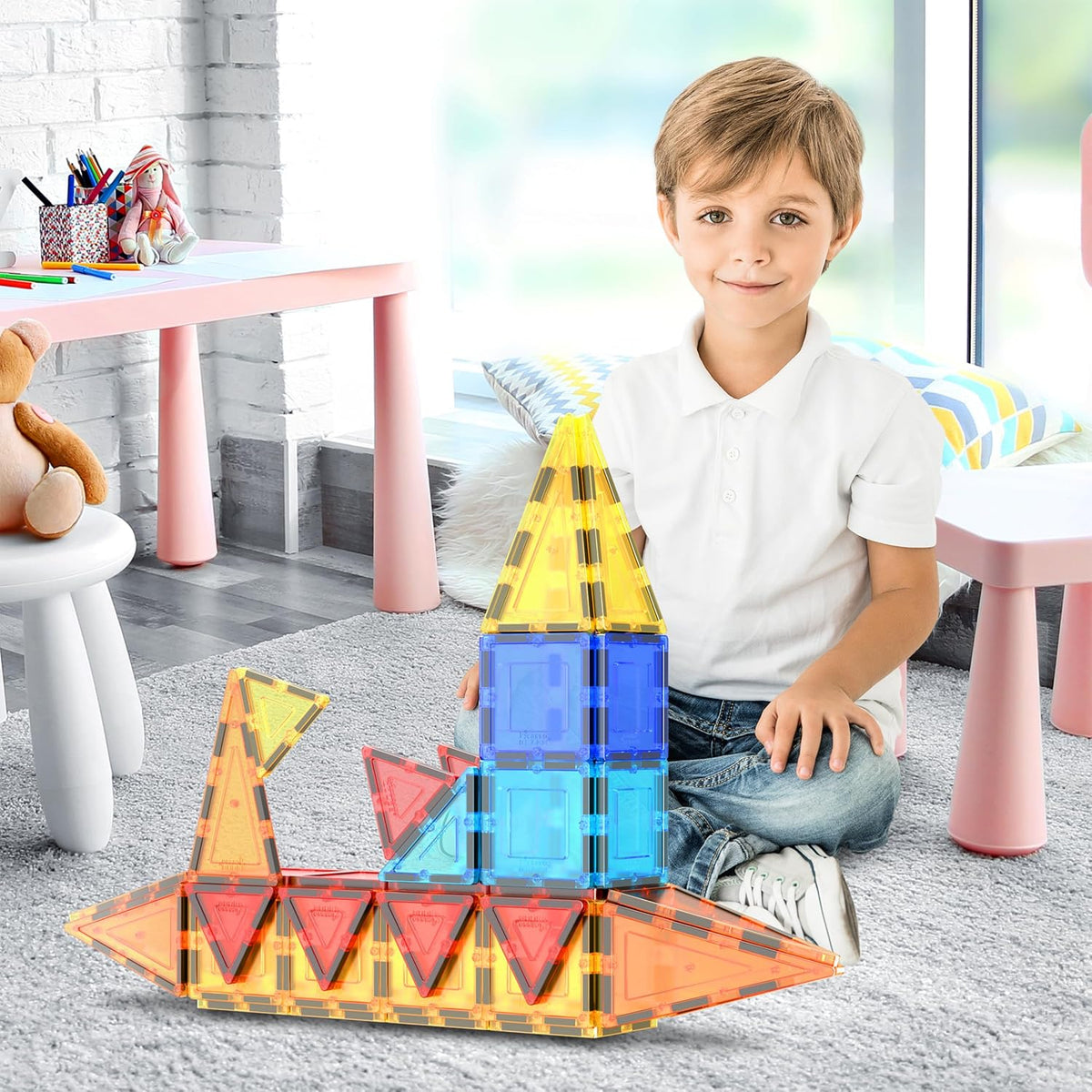 PicassoTiles Magnetic Tiles 60pcs Kids Toys Classroom Sensory Toy for Toddlers STEM Learning Building Blocks, Montessori Pretend Play Magnet Tile Construction Stacking Block Boys Girls Ages 3+ PT60