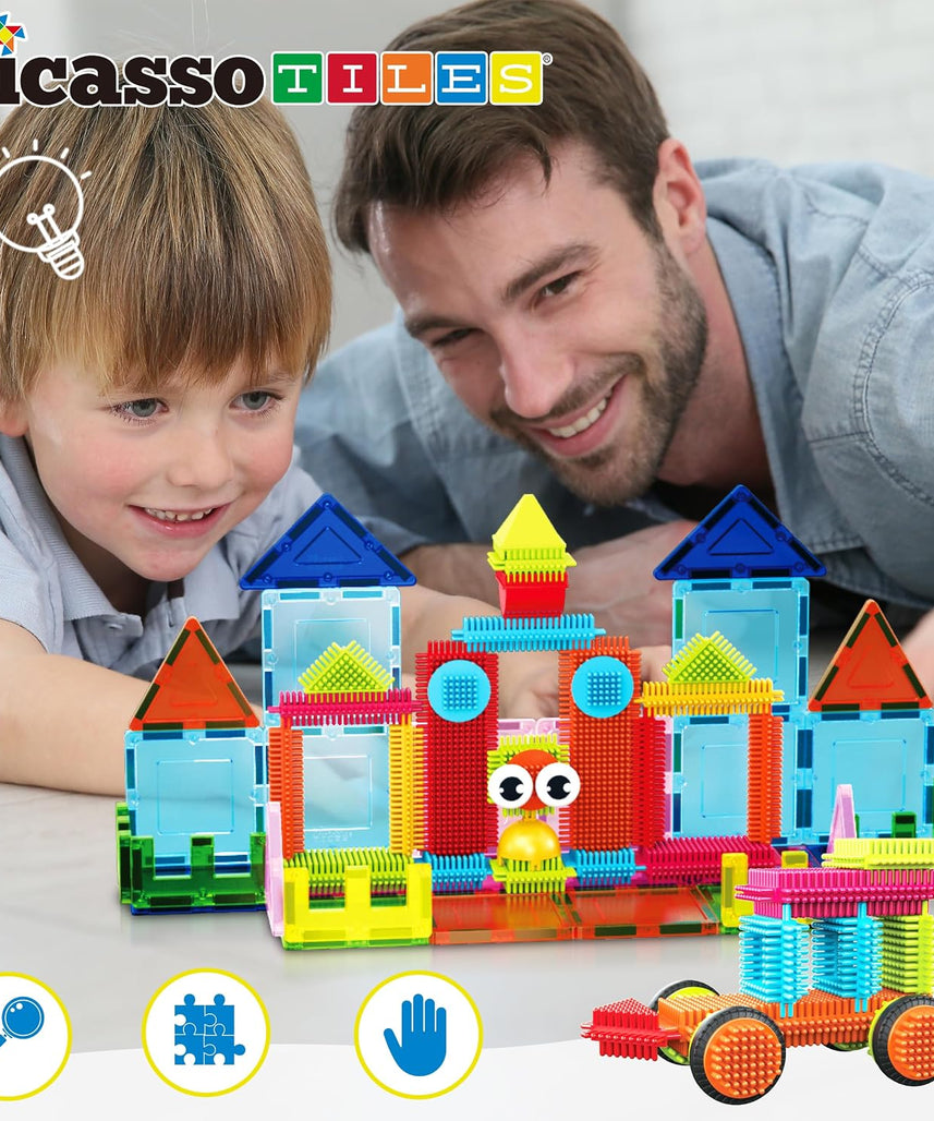 PicassoTiles Magnetic Tiles & Hedgehog 2-in1 Interlocking Brush Connector Magnet Building Blocks Construction Set Learning Playset STEM Toys Development Preschool Education Toy Toddler Age 3 Up PTE21