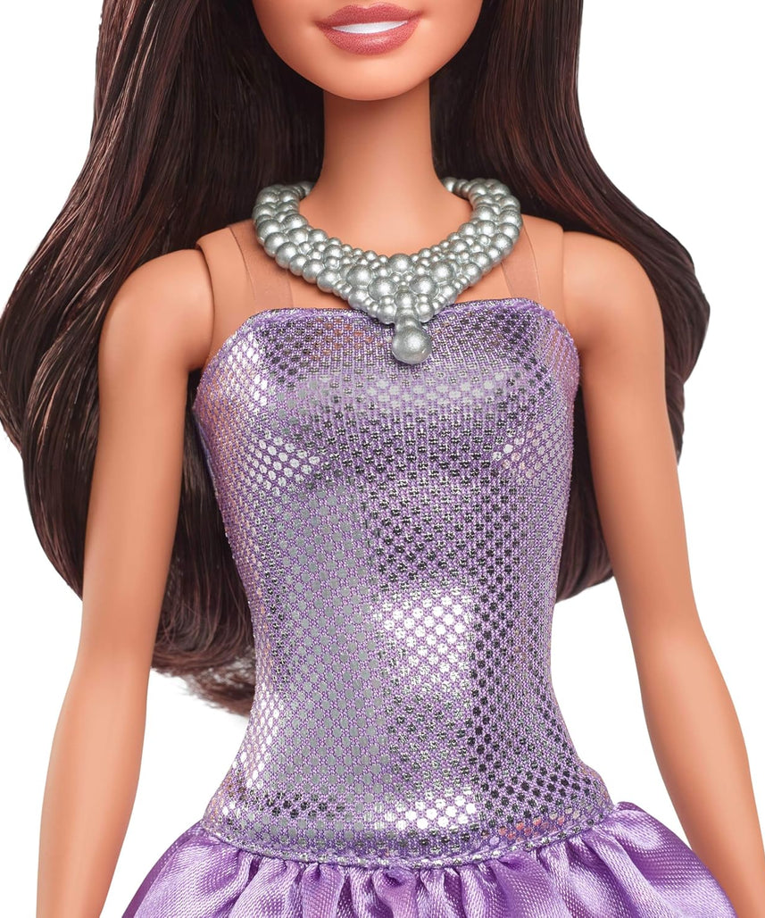 Barbie Fashionistas Doll #234 with Brown Hair, Sequined Purple Bubble Dress, Satiny Skirt, Silvery Necklace and Heels