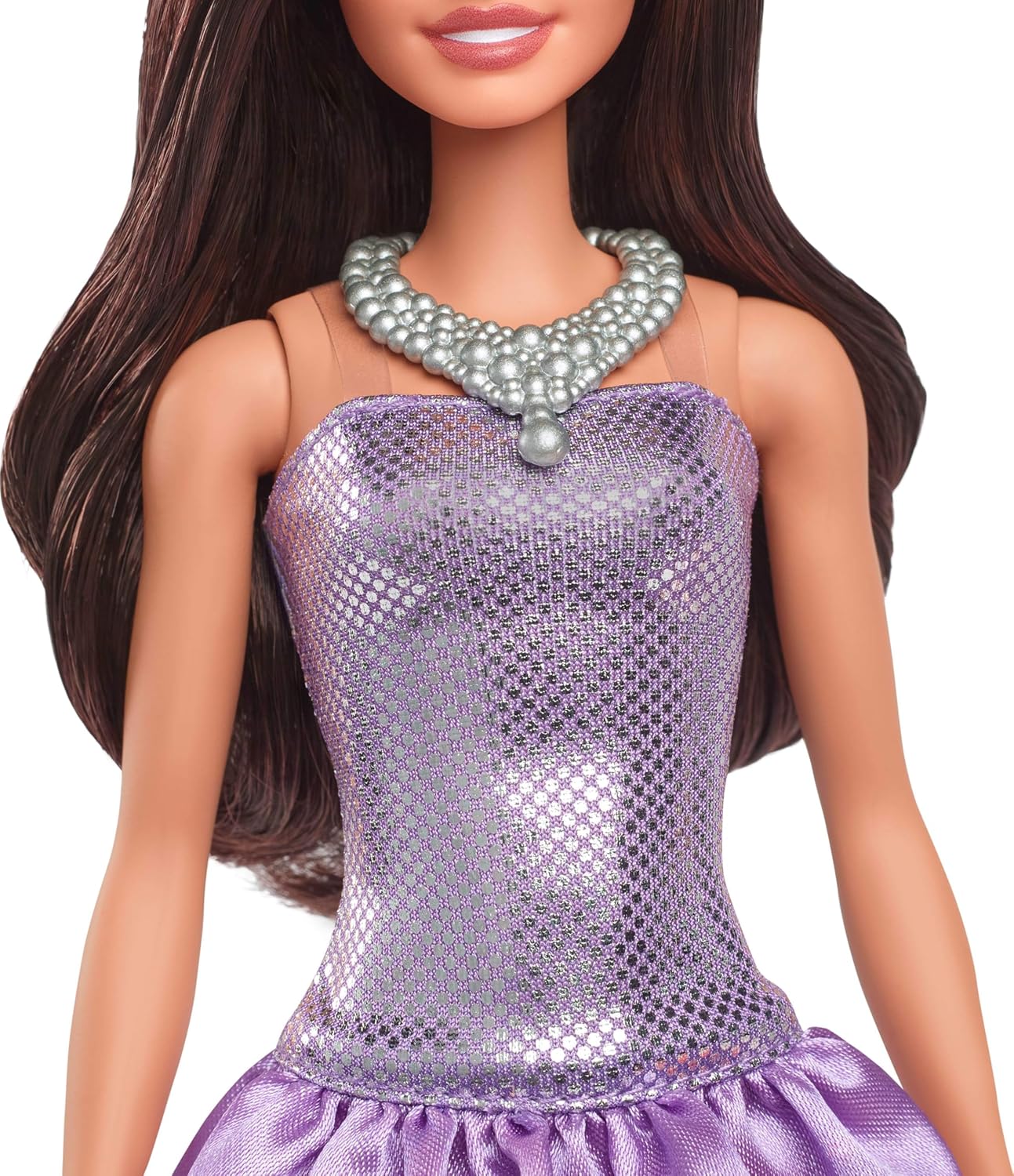 Barbie Fashionistas Doll #234 with Brown Hair, Sequined Purple Bubble Dress, Satiny Skirt, Silvery Necklace and Heels