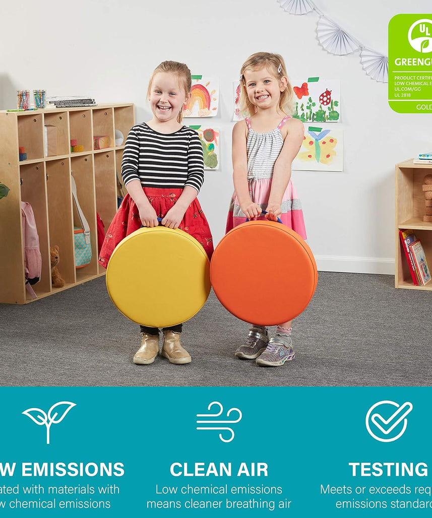 SoftScape Round Floor Cushions 15 Inch 6 Piece Set, Kids Flexible Seating with Handles and Non Slip Base, Foam Classroom and Playroom Floor Pillows, Ages 2+