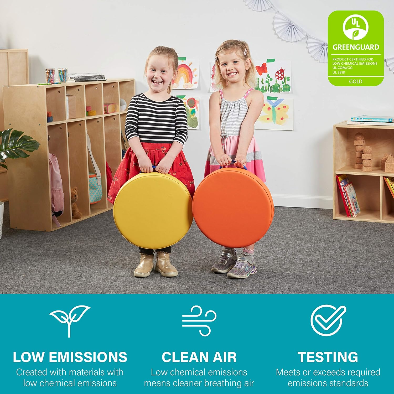 SoftScape Round Floor Cushions 15 Inch 6 Piece Set, Kids Flexible Seating with Handles and Non Slip Base, Foam Classroom and Playroom Floor Pillows, Ages 2+
