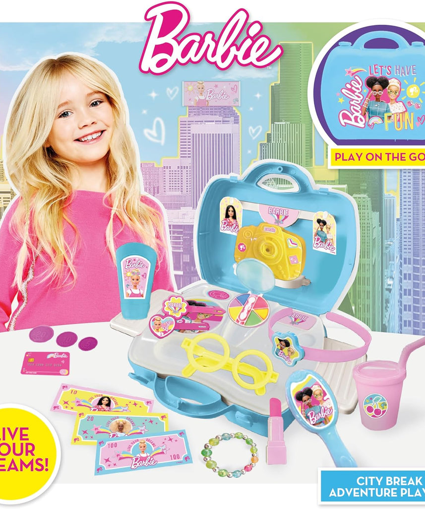 Sinco Creations Barbie City Break Adventure Playset, 20 Piece Pretend Play Toy with Carry Case, Role Play Toy Suitable for Kids Aged 3Y+
