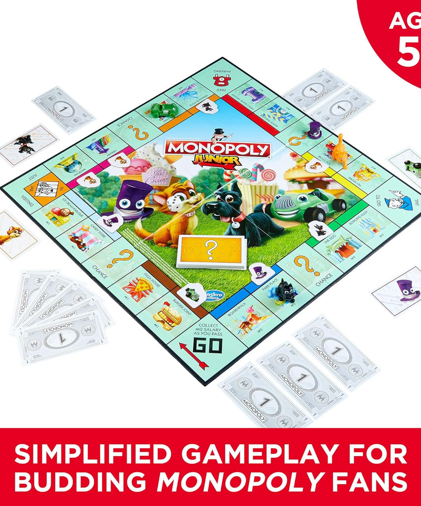 Monopoly Junior Board Game, Original Version C3889, Kid-Friendly Properties, Top Hat Token, Little Scottie, Little Hazel, Toy Car, Family Board Game, Ages 5+