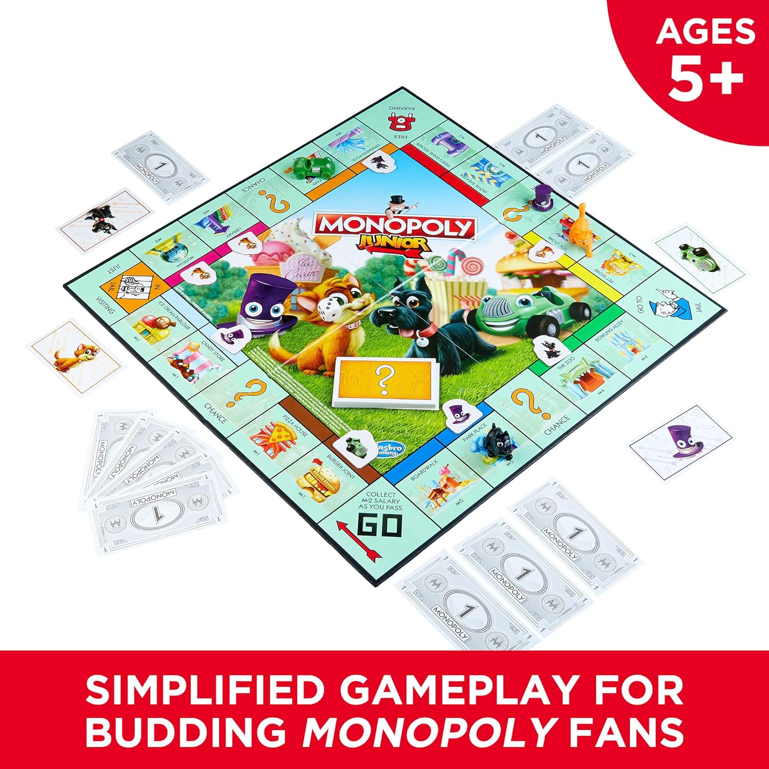 Monopoly Junior Board Game, Original Version C3889, Kid-Friendly Properties, Top Hat Token, Little Scottie, Little Hazel, Toy Car, Family Board Game, Ages 5+