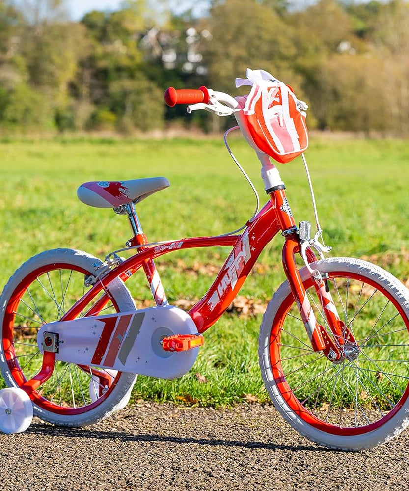 Huffy Glimmer Girls Bike 18 Inch, Red and White, Single-Speed Kids Bicycle with Removable Stabilisers, Front Storage Pouch, Quick Connect Assembly, Ages 6-8