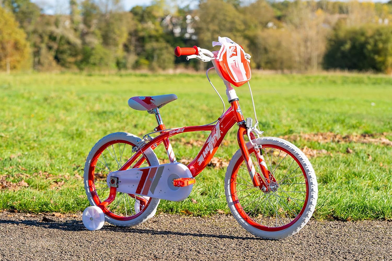 Huffy Glimmer Girls Bike 18 Inch, Red and White, Single-Speed Kids Bicycle with Removable Stabilisers, Front Storage Pouch, Quick Connect Assembly, Ages 6-8