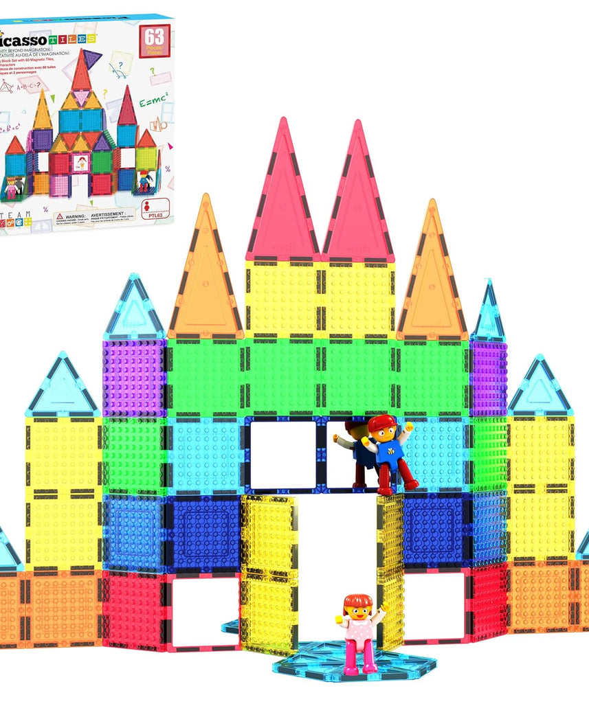 PicassoTiles 63 Pcs Magnetic Building Block Tiles with 2 Character Figures Construction Stacking STEM 3D Toy Set Creative Educational Learning Kit Magnet Montessori Playset for Kids & Toddlers Ages 3+