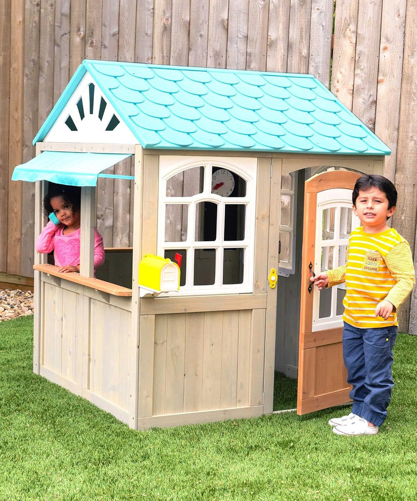 KidKraft Oceanfront Outdoor Playhouse, Cedar Wood Beach Café Style, Grande Size, Playhouse for Kids Ages 3 to 10, EZ Kraft Assembly, Interactive Windows, Bell and Mailbox