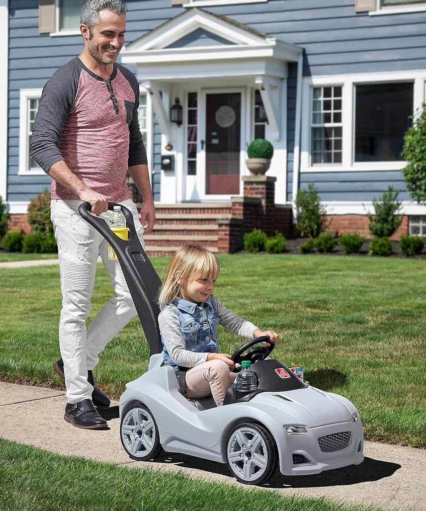 Step2 Whisper Ride Cruiser Kids Push Car with Parent Handle, Seat Belt, Horn & Storage Trunk, Single Seater Ride-On Toy for Boys and Girls, Gray, Pink & Blue, Ages 18 Months+