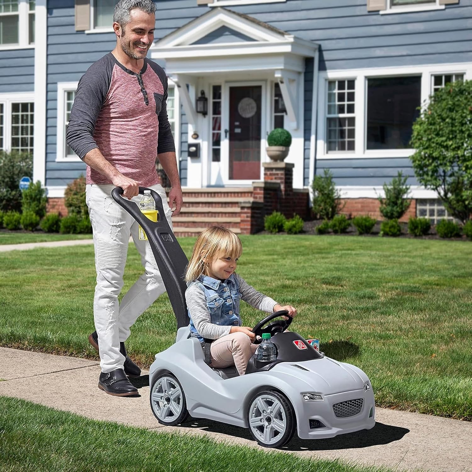 Step2 Whisper Ride Cruiser Kids Push Car with Parent Handle, Seat Belt, Horn & Storage Trunk, Single Seater Ride-On Toy for Boys and Girls, Gray, Pink & Blue, Ages 18 Months+