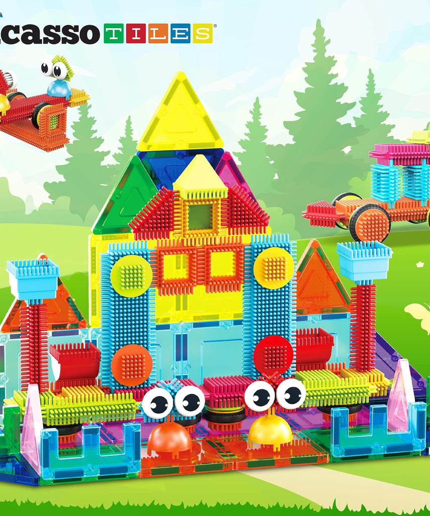 PicassoTiles Magnetic Tiles & Hedgehog 2-in1 Interlocking Brush Connector Magnet Building Blocks Construction Set Learning Playset STEM Toys Development Preschool Education Toy Toddler Age 3 Up PTE21