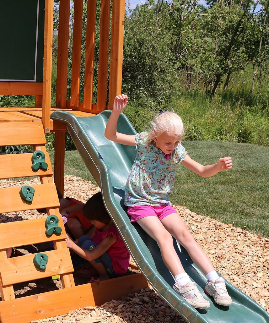 KidKraft Ainsley Outdoor Swing Set / Playset with High-Rail Wave Slide, Rock Wall, Upper-Level Clubhouse and Belt Swings, Multicolor Wooden Backyard Playset for Kids Ages 3 to 10