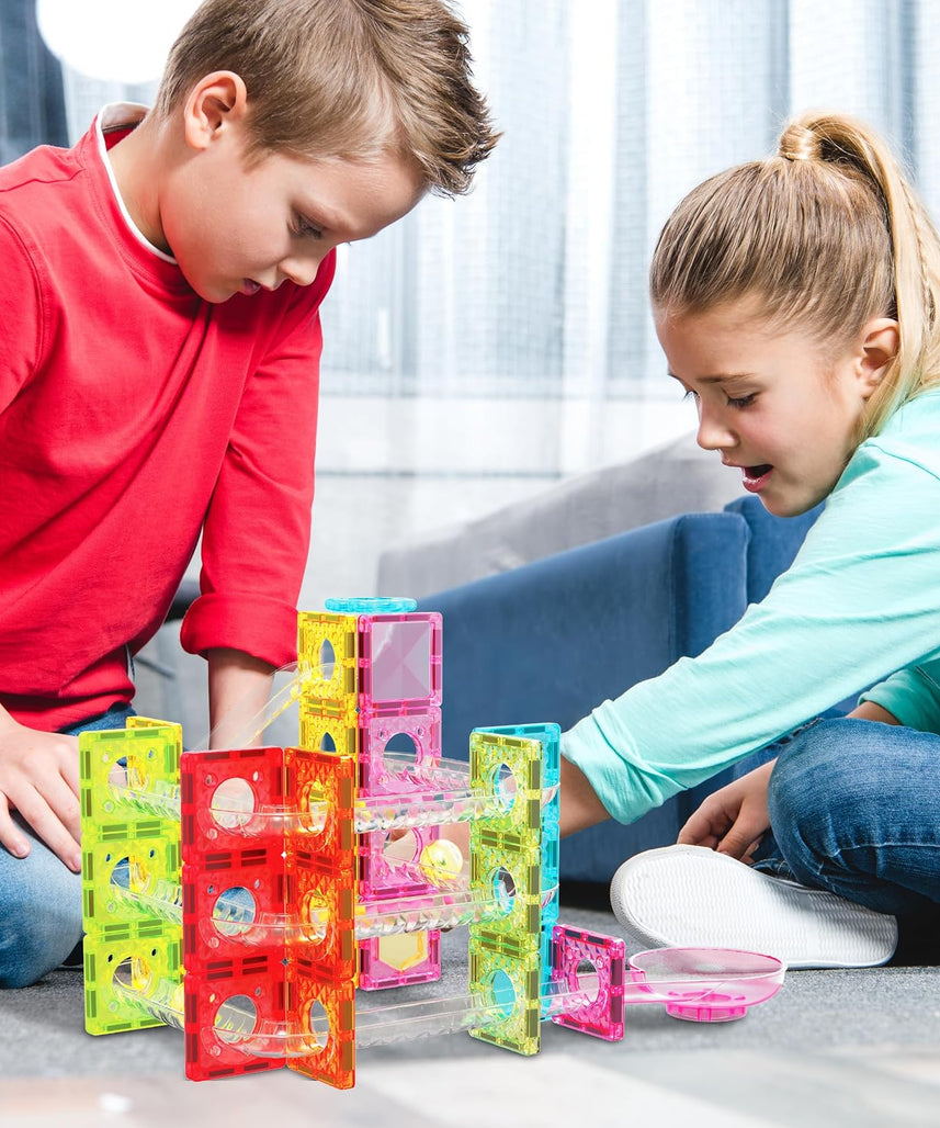 PicassoTiles 60 pc Magnet Tiles Building Block Travel Size Magnetic Marble Run Construction Toy Set Mini Diamond Marble RaceTrack Building Blocks Playset Education STEM Learning Kit Boy Girl 3+ PTMG60