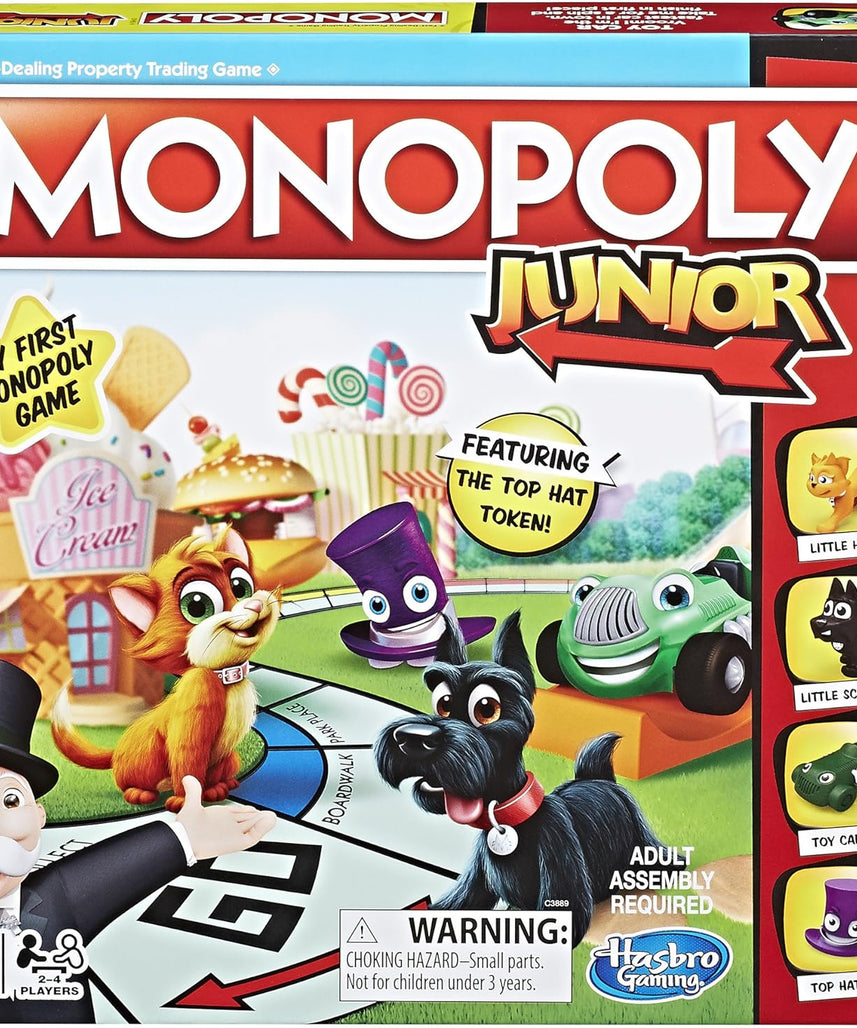 Monopoly Junior Board Game, Original Version C3889, Kid-Friendly Properties, Top Hat Token, Little Scottie, Little Hazel, Toy Car, Family Board Game, Ages 5+