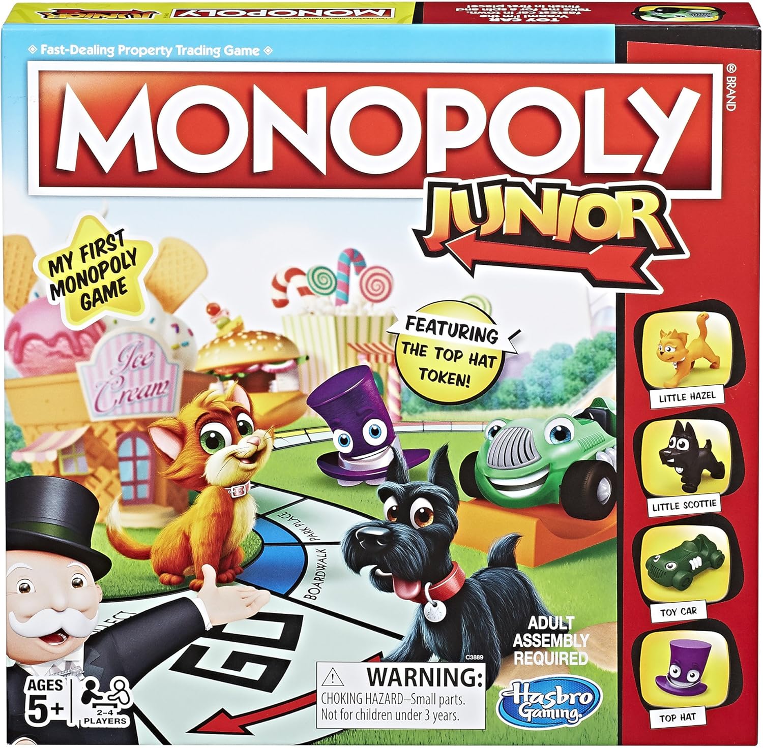 Monopoly Junior Board Game, Original Version C3889, Kid-Friendly Properties, Top Hat Token, Little Scottie, Little Hazel, Toy Car, Family Board Game, Ages 5+