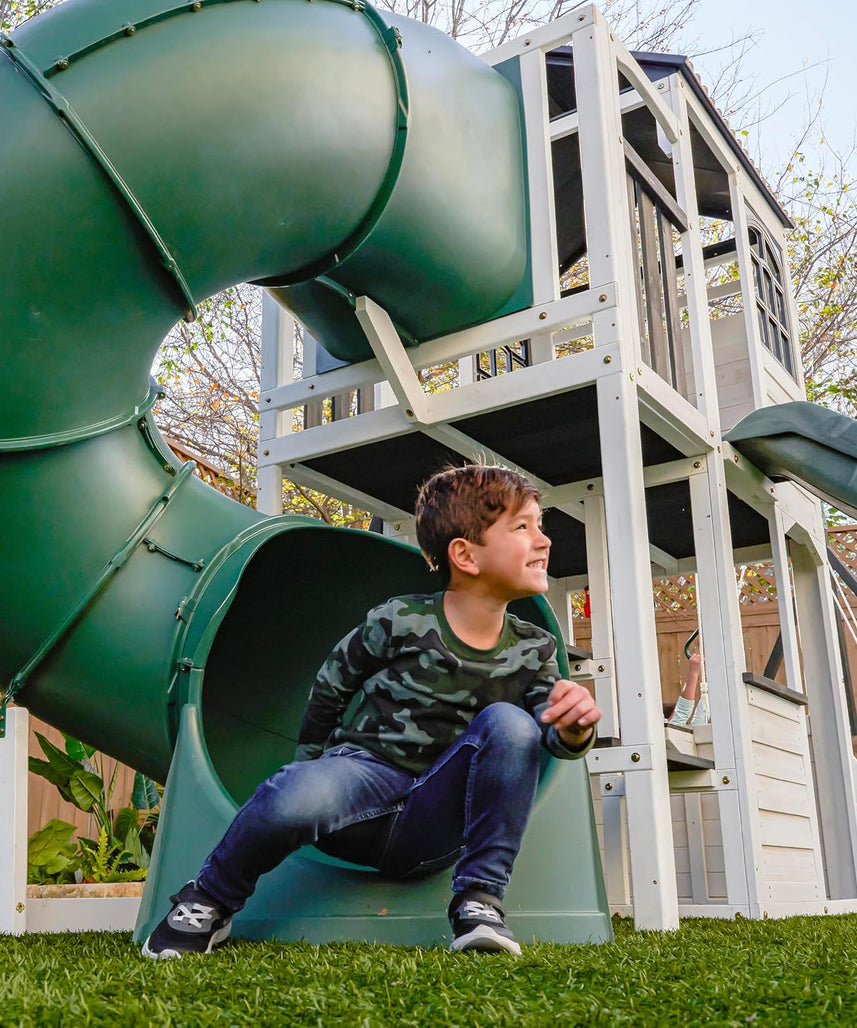 KidKraft Wrangler Way Swing Set / Two-Story Clubhouse Playset with Slides, Swings, Acrobar and Play Kitchen, Wooden Outdoor Swing Set for Kids Ages 3 to 10