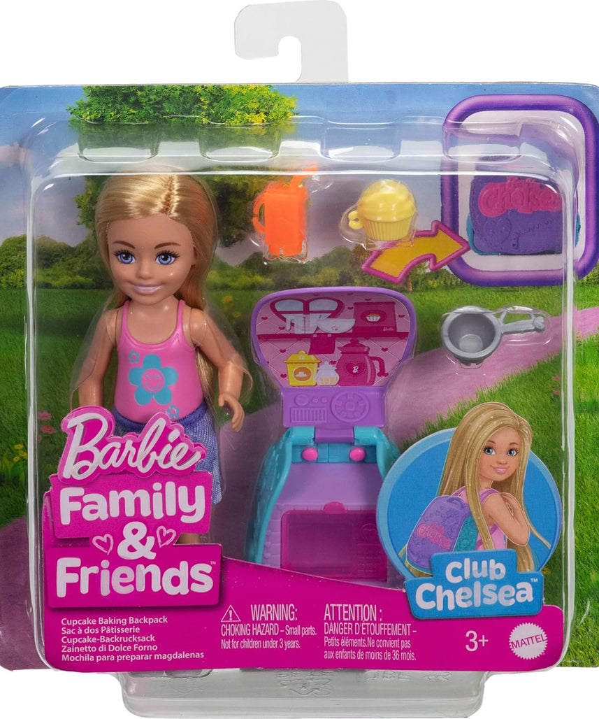 Barbie Family & Friends Cupcake Baking Backpack Blonde Chelsea Doll, Wearable Backpack with Baking Play Pieces