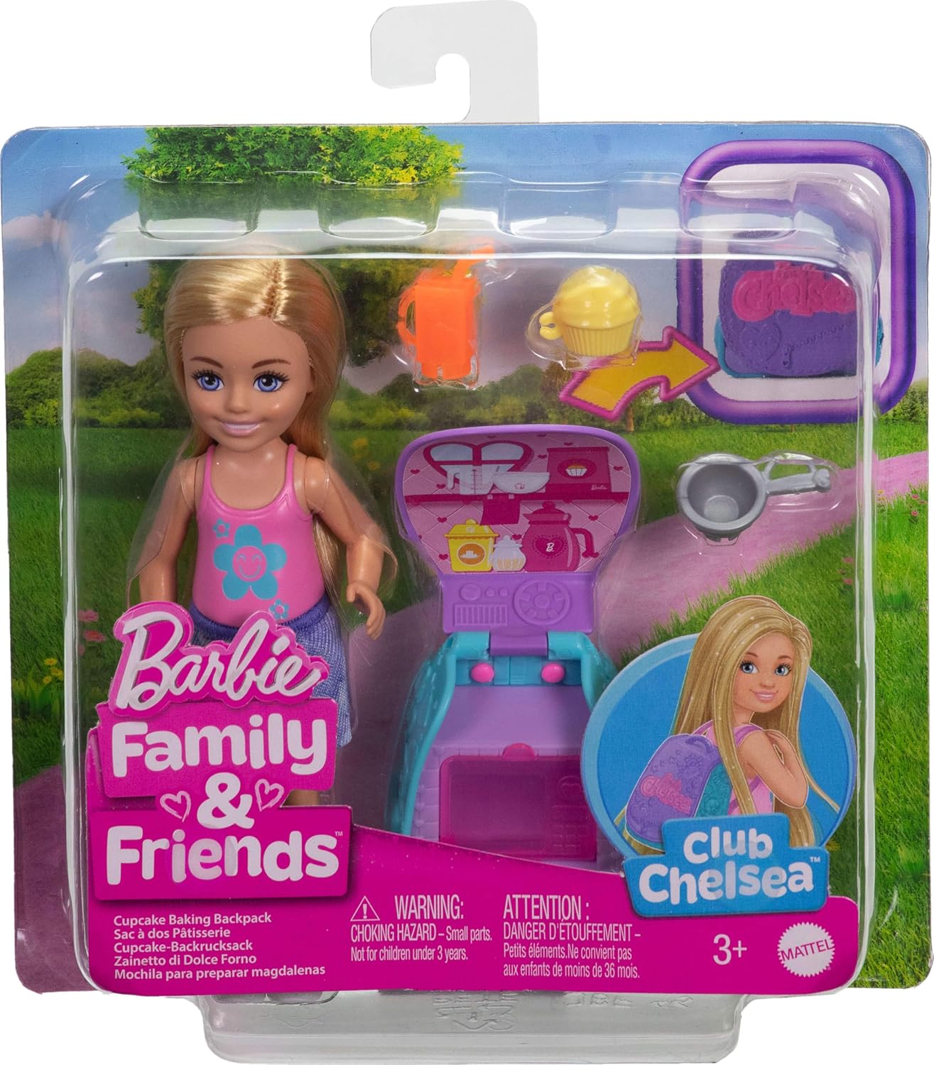 Barbie Family & Friends Cupcake Baking Backpack Blonde Chelsea Doll, Wearable Backpack with Baking Play Pieces