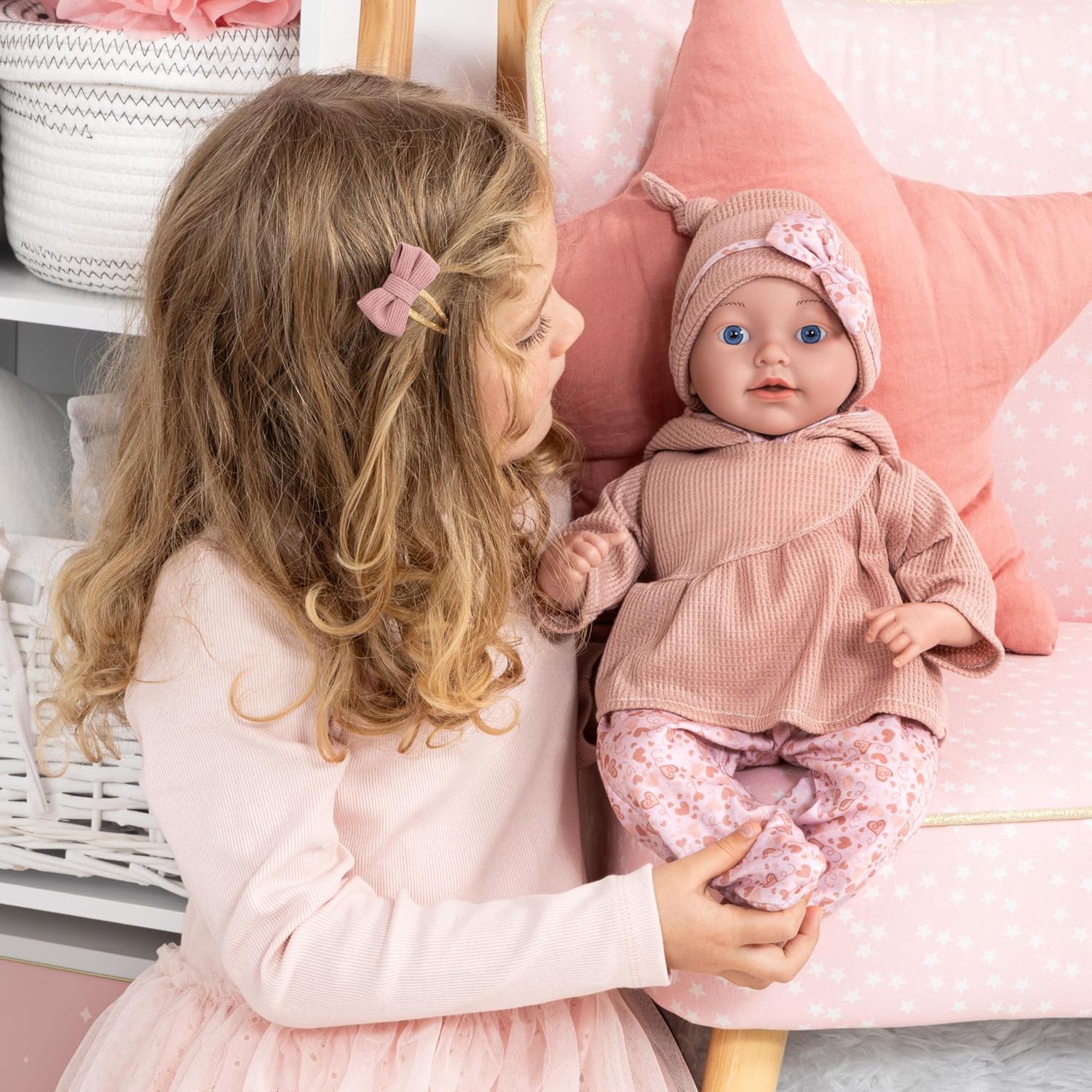 Bayer Design 93827AO Reborn Baby Doll 38 cm Realistic Lifelike with Bottle Dummy Blanket Pillow Teddy Gift for Girls and Boys