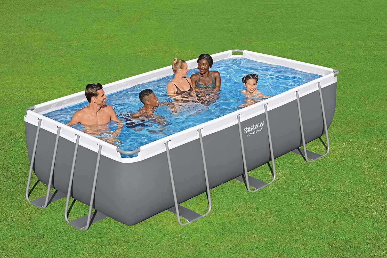 Bestway Rectangular Pool Set 13'3" x 6'7" x 39.5" (4.04m x 2.01m x 1m) – Heavy-Duty Family Swimming Pool, Grey, Ages 18+