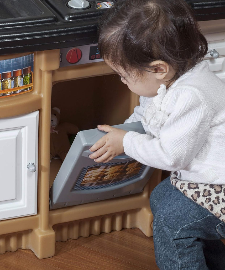 Step2 Custom Kitchen Refresh, Interactive Roleplay Kitchen Set with Lights Sounds Storage Accessories, Pretend Cooking Toy for Kids Boys and Girls Age 2 to 6, Tan