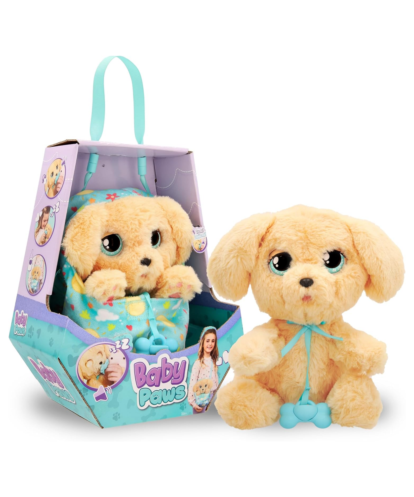 جراء النوم من بيبي باوز، لابرادور، لعبة جرو تفاعلية من القطيفة مقاس 9.5 بوصة مع حقيبة حمل، لعبة تظاهر للأطفال مع مؤثرات صوتية، مناسبة للأولاد والبنات من سن 3 سنوات فما فوق