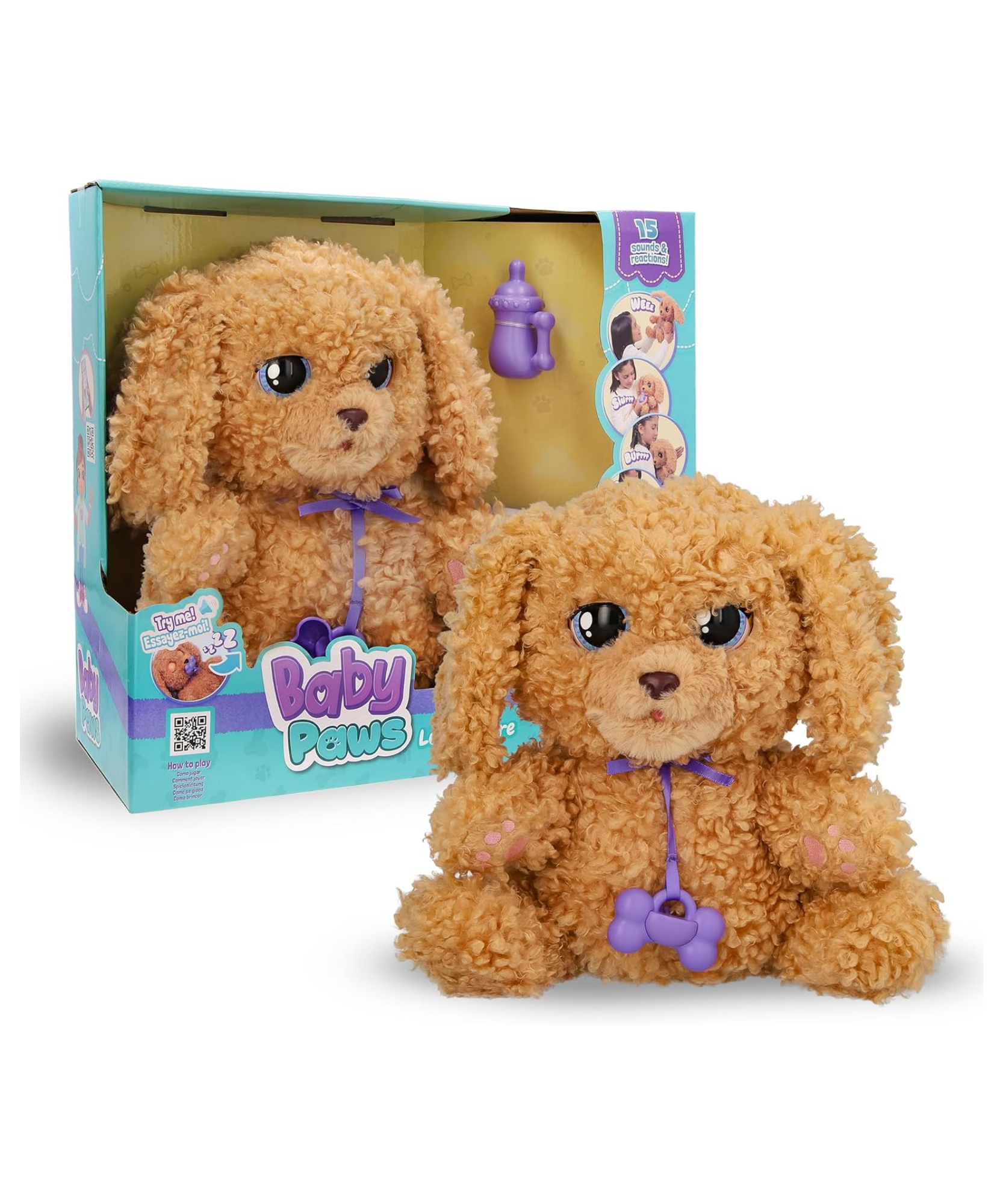 BABY PAWS Love and Care, Labradoodle, 11.4 Inch Interactive Plush Toy Puppy with Carry Bag, Kids Pretend Play Toy with Sound Effects, Suitable for Both Boys and Girls Aged 4+