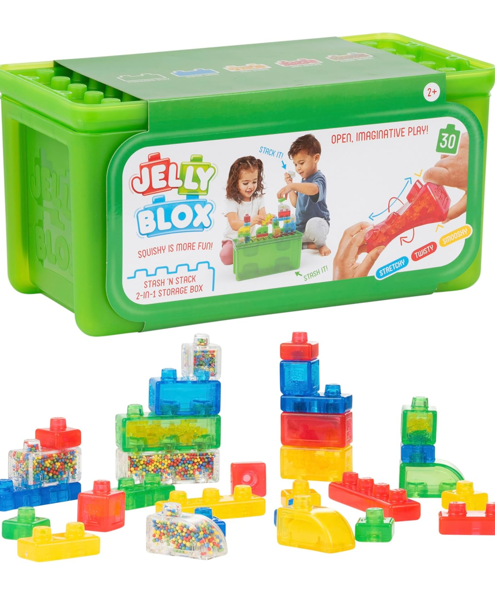 حقيبة تخزين جيلي بلوكس ستاش آند ستاك 2 في 1 تتضمن 30 مكعبًا، مكعبات بناء للأطفال الصغار ومرحلة ما قبل المدرسة يمكن للأطفال الضغط عليها وتمديدها، تم اختبارها من حيث السلامة وخالية من الحكة، لعبة حسية لمسية للأعمار من سنتين فما فوق
