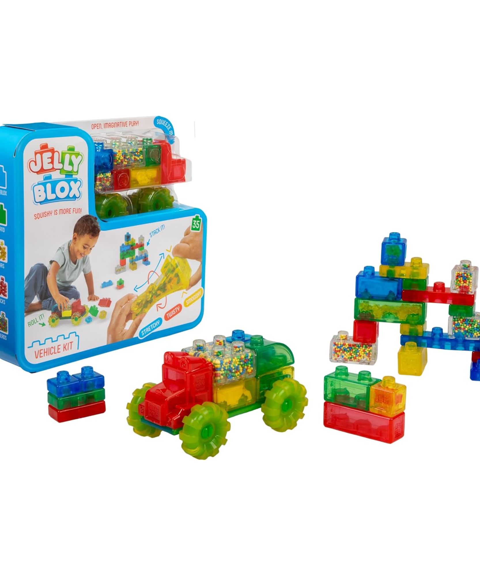 Goliath Jelly Blox Vrooom! Truck Kit, Includes 35 Blocks, Toddler & Preschool Building Blocks Kids Can Squeeze, Stretch, Squish, Safety Tested & Ouch-Free, Tactile, Sensory Play Toy for Ages 2+