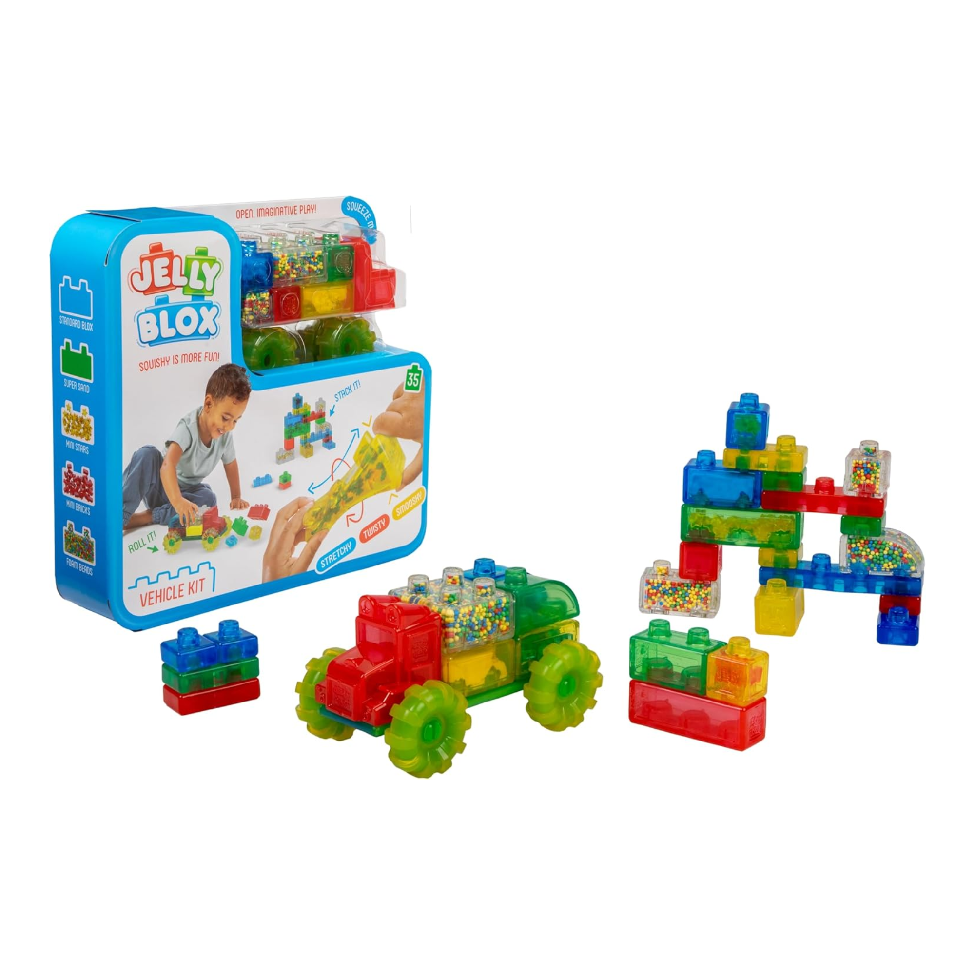 مجموعة شاحنة جيلي بلوكس فروم!، تتضمن 35 مكعبًا، مكعبات بناء للأطفال الصغار ومرحلة ما قبل المدرسة، قابلة للضغط والتمدد والسحق، مختبرة من حيث السلامة وخالية من الحكة، لعبة حسية، مناسبة للأعمار من سنتين فما فوق.