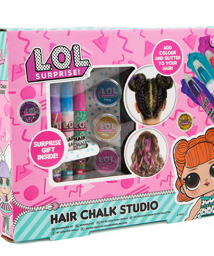 L.O.L. Surprise! Hair Chalk Studio, Temporary Hair Markers for Girls, Washable Bright Colors, Hair Gems, Glitter, Hair Gel and Tattoo Stencil, Creative Hair Styling Kit for Birthday Gifts and Slumber Parties Ages 5+