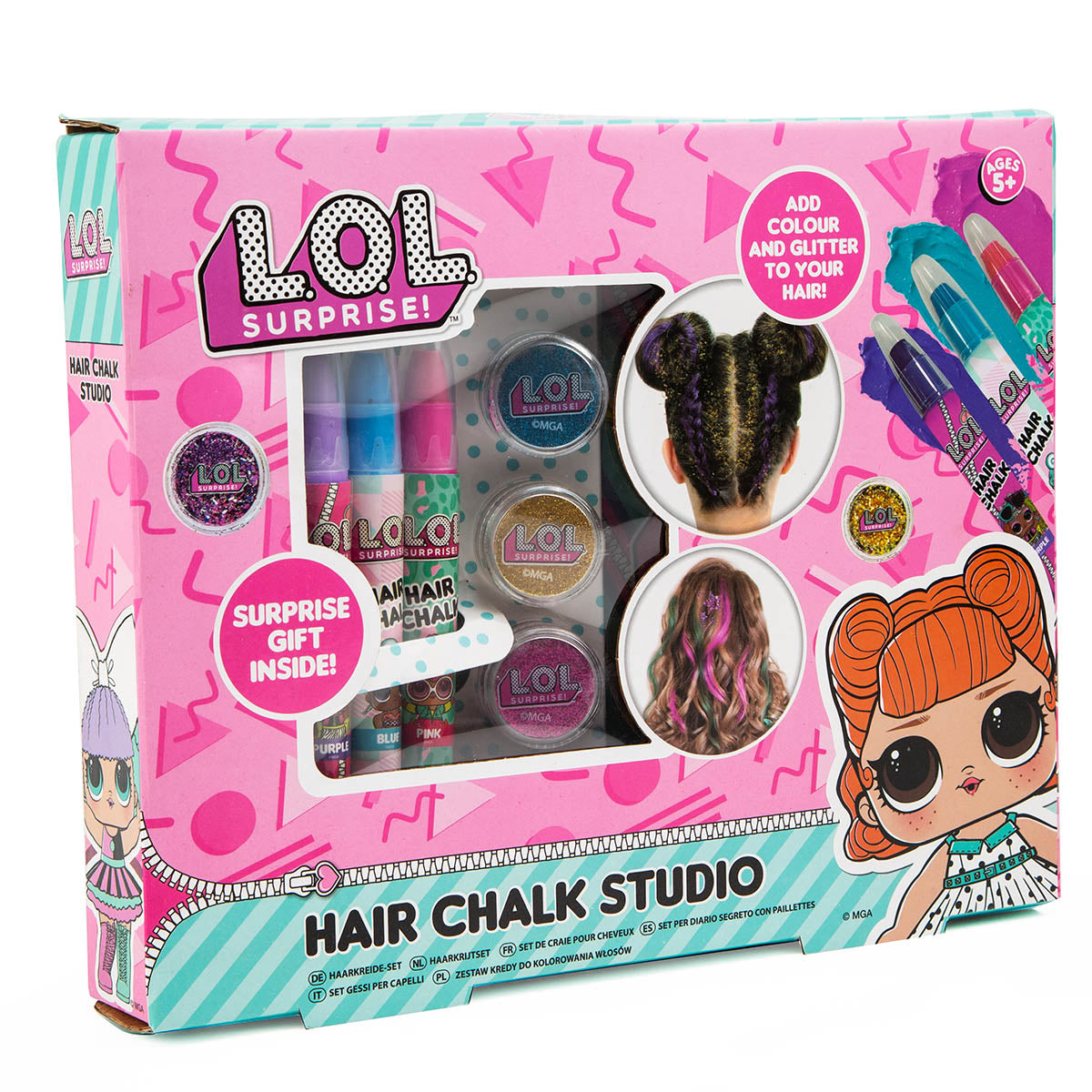 L.O.L. Surprise! Hair Chalk Studio, Temporary Hair Markers for Girls, Washable Bright Colors, Hair Gems, Glitter, Hair Gel and Tattoo Stencil, Creative Hair Styling Kit for Birthday Gifts and Slumber Parties Ages 5+