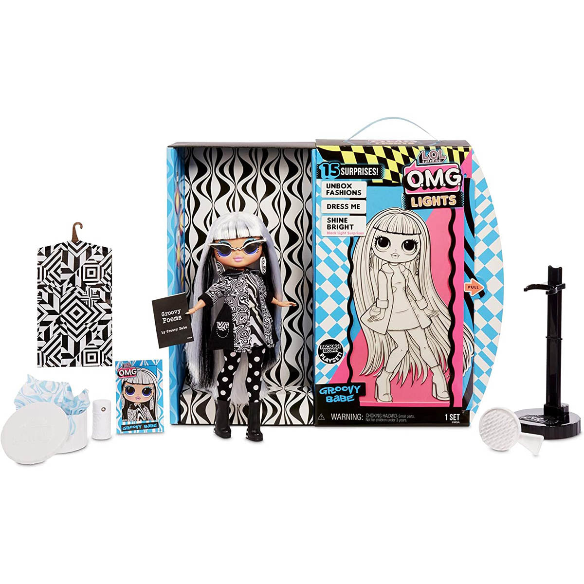 L.O.L. Surprise OMG Groovy Babe Fashion Doll, 10-Inch Poseable Doll, Zebra Dress, Polka Dot Leggings, Stylish Coat, Accessories Included, Fashion Doll Toy for Ages 4+