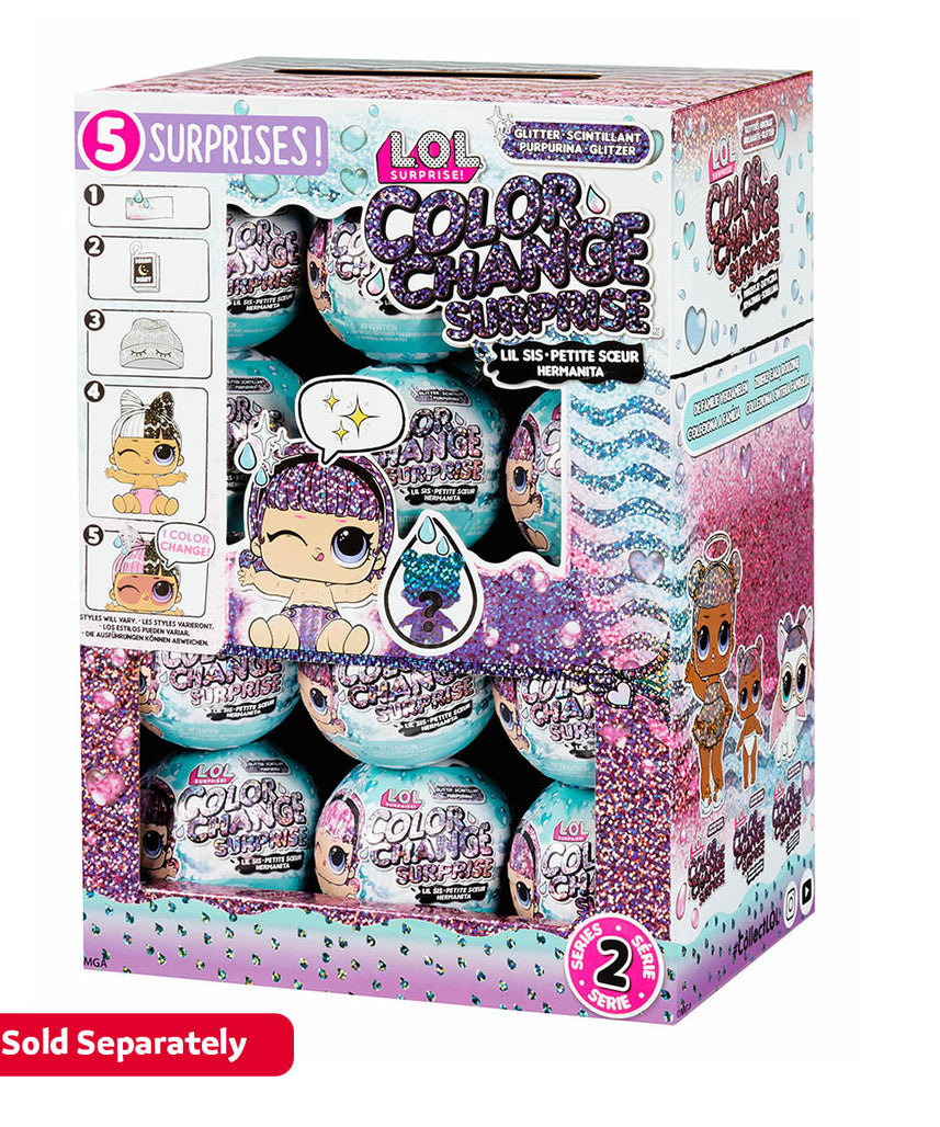 L.O.L. Surprise Glitter Color Change Lil Sis Doll Set with 5 Surprises, Collectible Fashion Doll with Glitter Hair and Accessories, Ages 4+