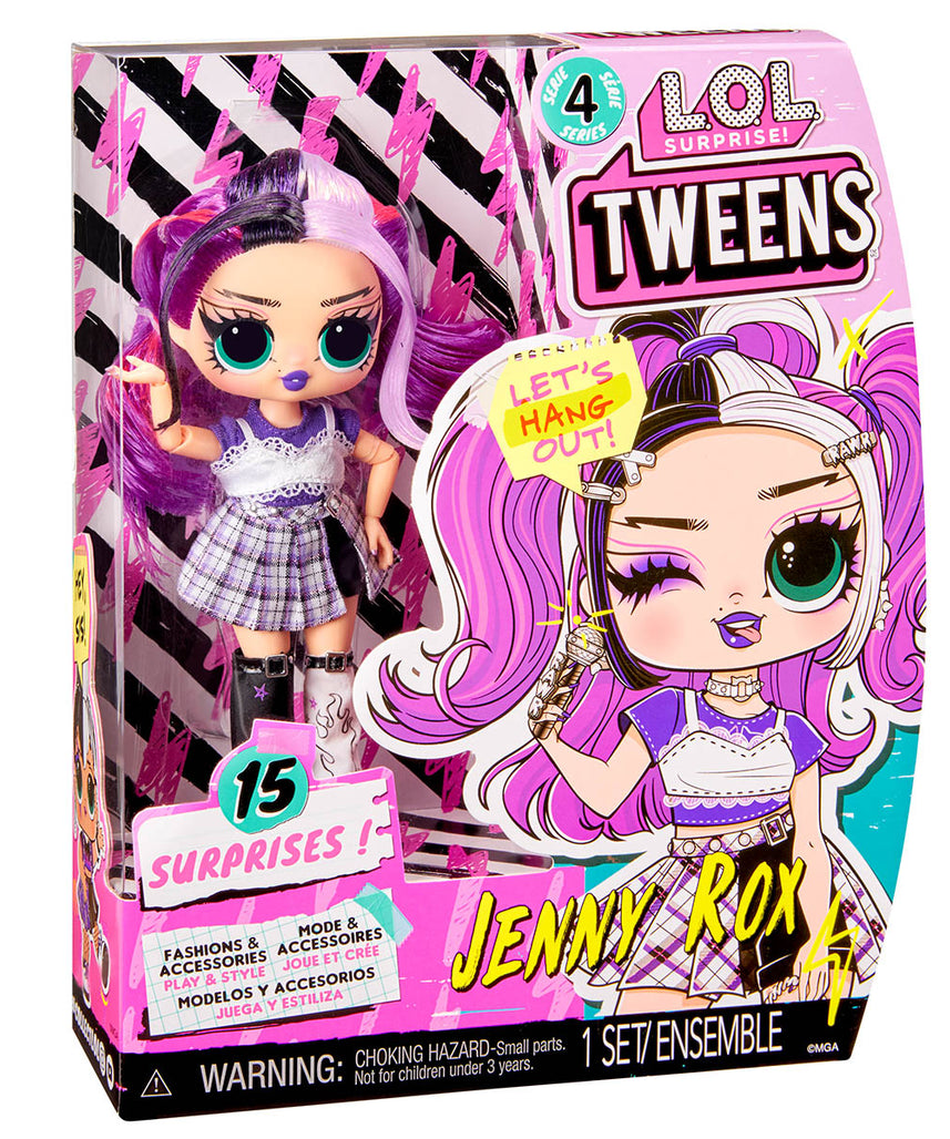 L.O.L. Surprise Tweens Series 4 Fashion Doll Jenny Rox with 15 Surprises, Collectible Articulated Doll with Accessories, Hairbrush, Microphone, Purse, and Doll Stand, Ages 3+