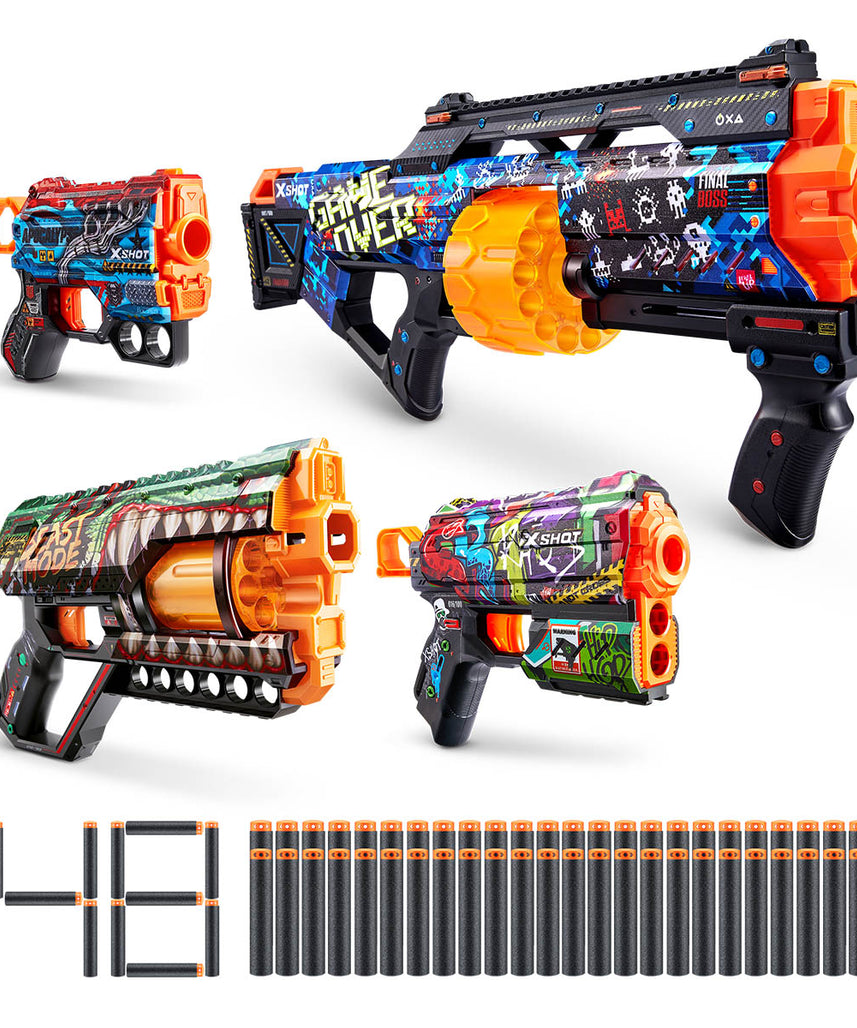 X-Shot Skins Mix Combo Pack, Last Stand, Griefer, Flux & Menace Blasters, 3 Toy Guns, 48 Darts, Kids, Teens & Adults, Outdoor Action & Target Games, Gift for Boys & Girls Ages 8+