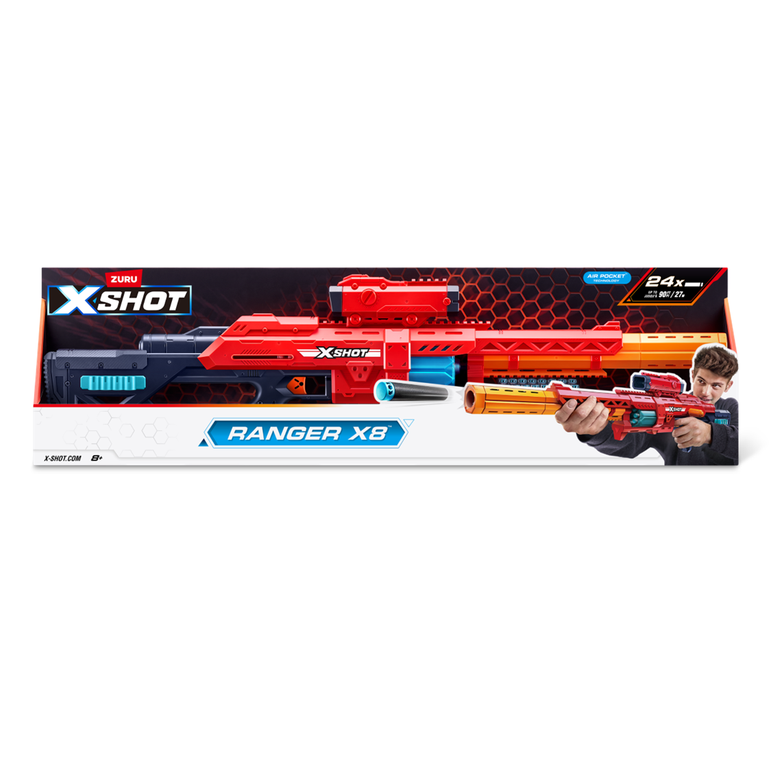 X-Shot Excel Ranger X8 Foam Blaster for Boys & Girls Ages 8+, 24 Darts, Rotating Barrel, Air Pocket Technology, Outdoor Action Toy