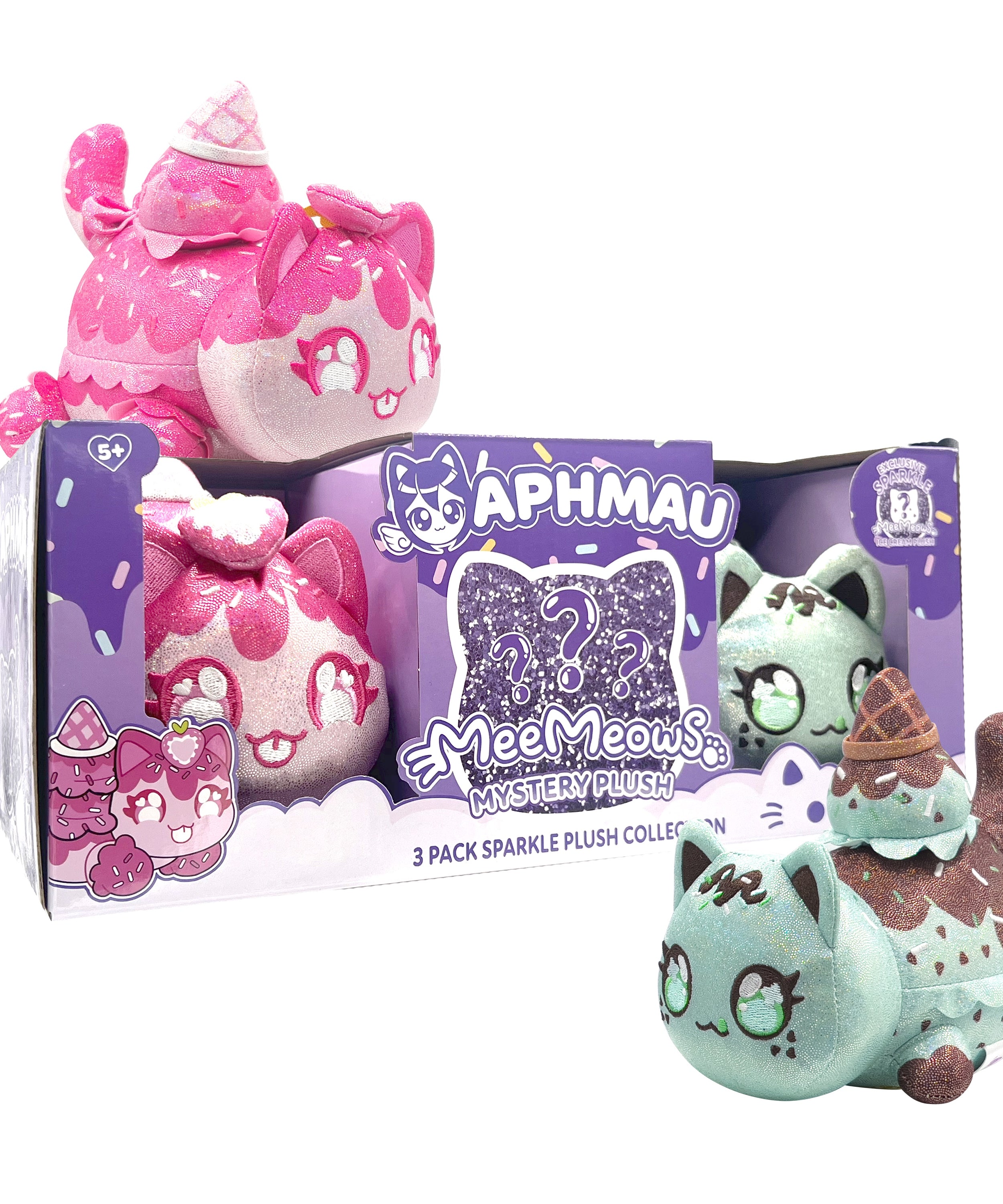 Aphmau MeeMeow Plush 3-Pack Sparkle Ice Cream Edition, 6 Inch Collectible Cat Plush Toys, Soft & Cuddly Gift for Kids, Ages 5+