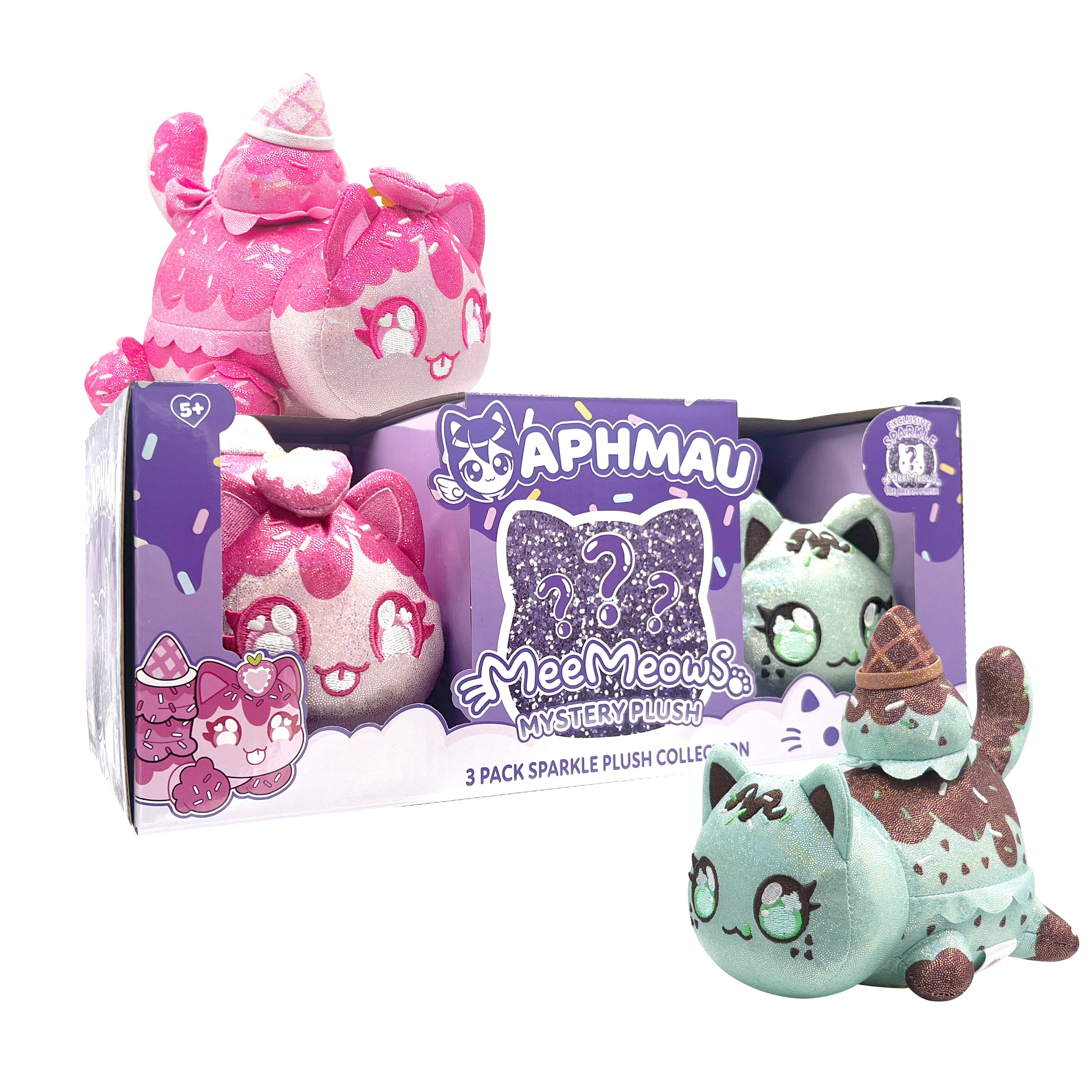 Aphmau MeeMeow Plush 3-Pack Sparkle Ice Cream Edition, 6 Inch Collectible Cat Plush Toys, Soft & Cuddly Gift for Kids, Ages 5+