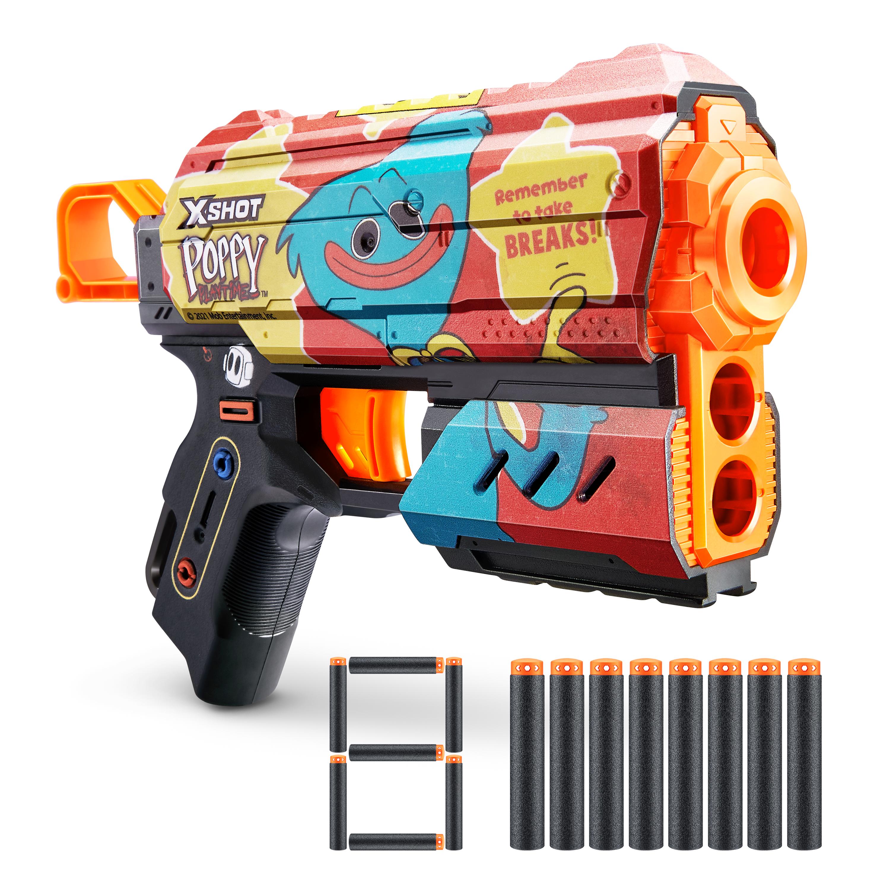 XSHOT Skins Flux, Poppy Playtime Jumpscare Edition (8 Darts), Foam Dart Blaster with Air Pocket Dart Technology, Shoots up to 27m, Collectible Toy Gun for Kids Ages 8+, Boys, Girls, Teens