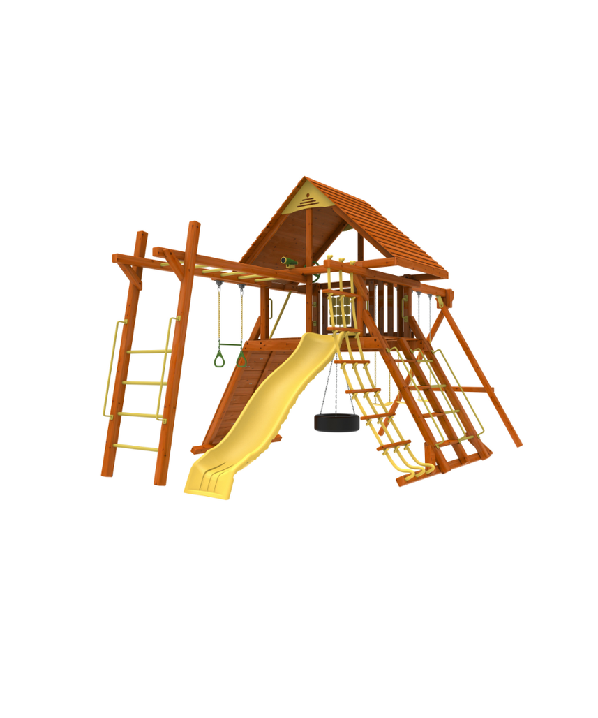 Kiddoro Discovery Den with Monkey Bars Wooden Swing Set, Backyard Playground with Slide, Swings, Climbing Wall & Clubhouse, Kids 2+ Years