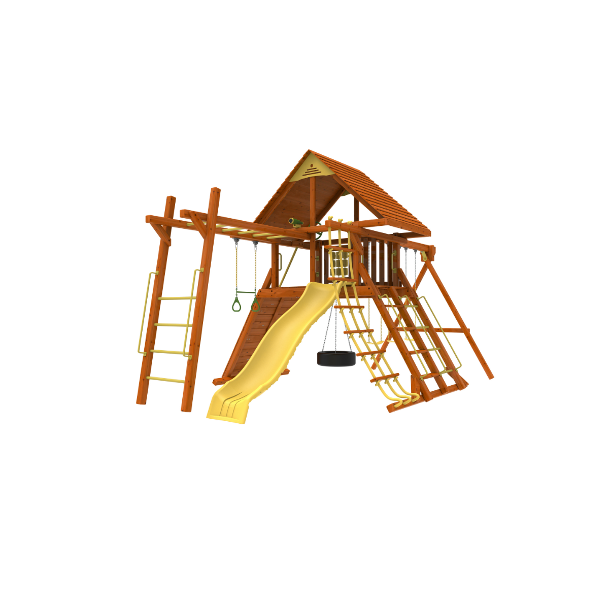 Kiddoro Discovery Den with Monkey Bars Wooden Swing Set, Backyard Playground with Slide, Swings, Climbing Wall & Clubhouse, Kids 2+ Years