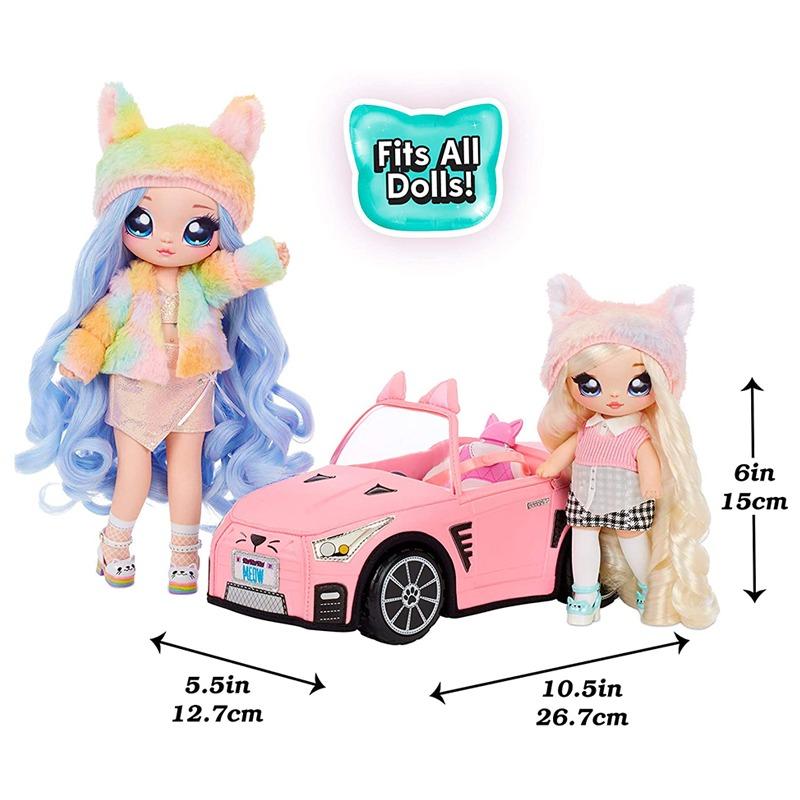 سيارة نا! نا! نا! مفاجأة قطيفة قابلة للتحويل، تصميم قطة ناعمة، عجلات دوارة، تناسب دمى نا! نا! نا والمراهقين، مقاعد وعجلة قيادة واقعية، لعبة سيارة قطيفة لطيفة